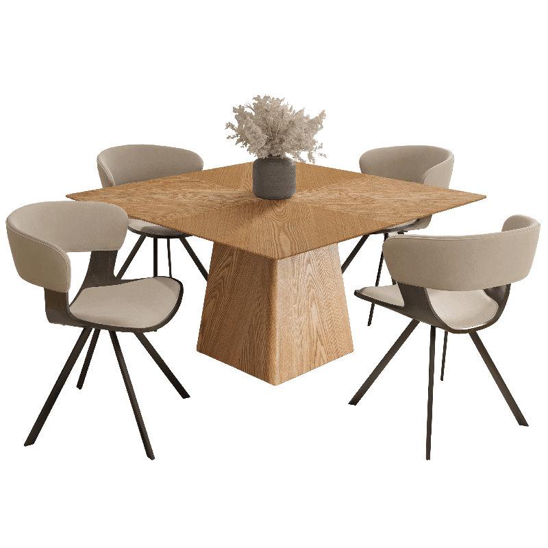 5-Piece Dining Set With Square Wooden Table In Natural Wood And 4 Upholstered Dining Chairs, Light Taupe/Dark Walnut