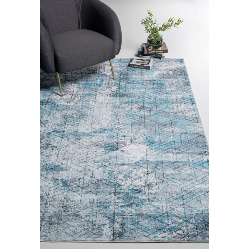 Tapis bleu-gris à motif abstrait cubique moderne, Rectangle 5' x 7'