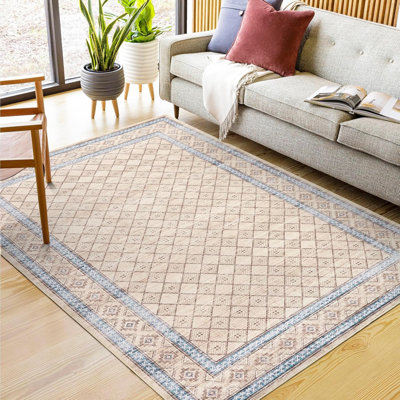 Washable Area Rug, Non-Slip, Large Modern Bordered Carpet, Stain-Resistant Low Pile Rug for Kitchen, Bedroom, Office, Beige