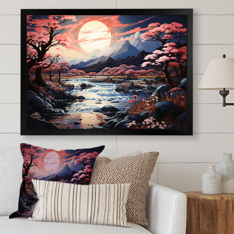 Impression sur toile Magical Kawaii Moonlite River I, H 24 po x l 32 po x P 1 po, Cadre simple noir