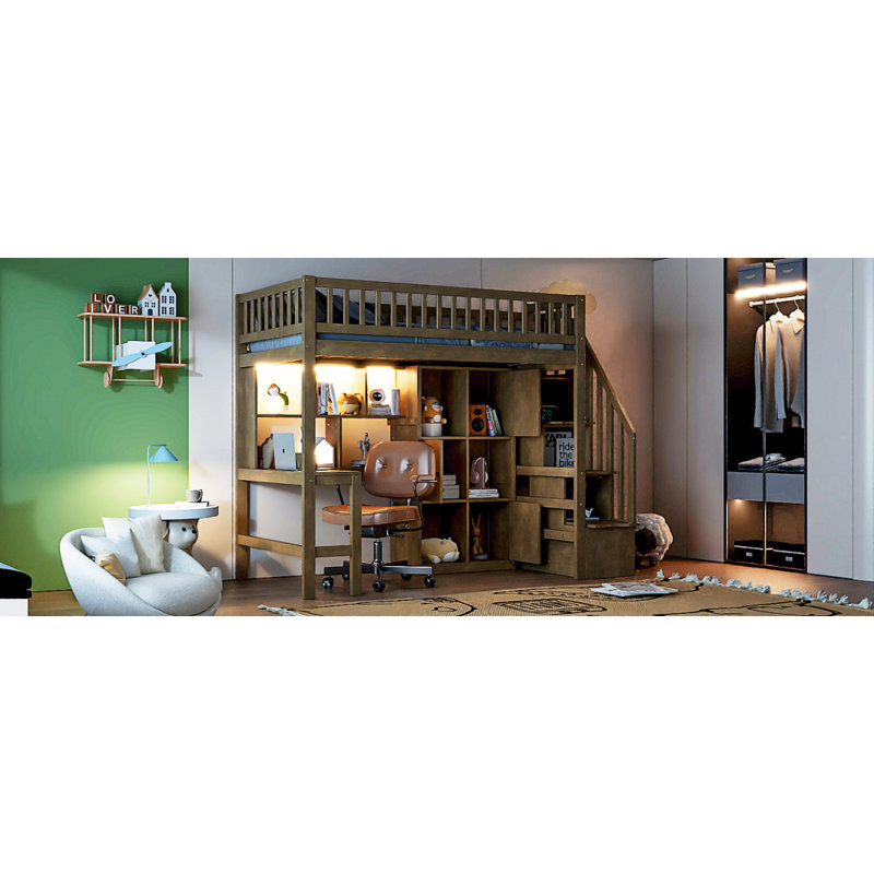 Lit mezzanine simple en bois avec bureau intégré, DEL, tablettes de rangement, armoires et escalier, noyer, Noyer