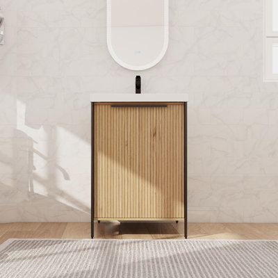 Meuble-lavabo autoportant de 24 po avec comptoir de lavabo en résine, meuble-lavabo sur pied avec porte à fermeture en douceur et tablette