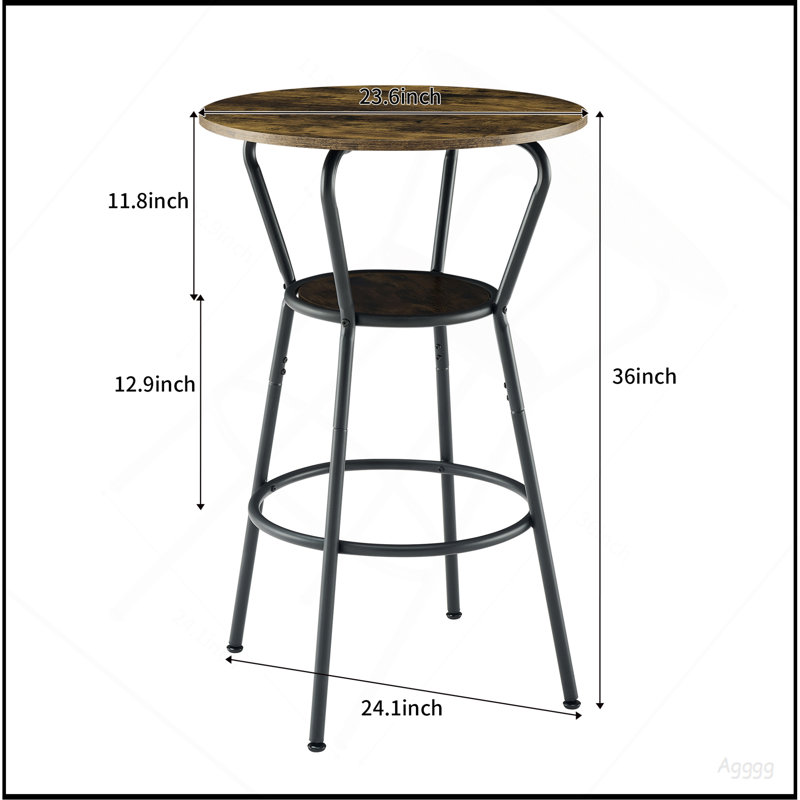 Ensemble de table de bar ronde et de tabouret avec tablette, tabouret rembourré avec dossier, brun rustique, l 24,17 po x P 24,17 po x H 36,02 po