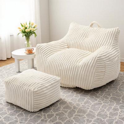 Giant Plush Bean Bag Chair with Armrests and Footstool - Comfy Beige Beanbag Chaise Lounge for Adults and Kids, Indoor & Outdoor Use