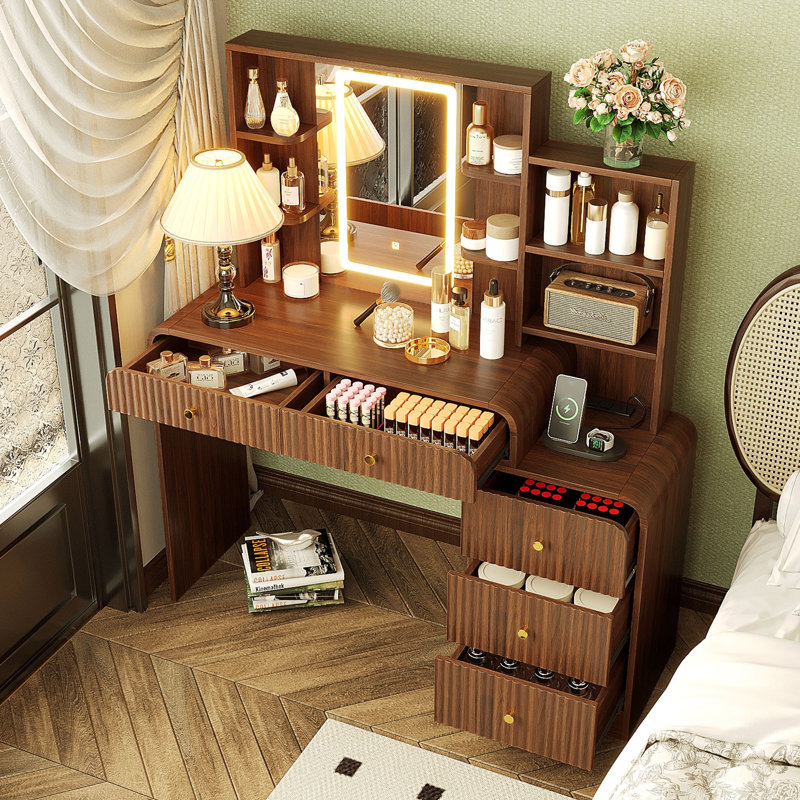 Coiffeuse 47,4 po, 5 tiroirs de rangement et tablettes ouvertes, miroir lumineux à DEL et station de charge, Espresso