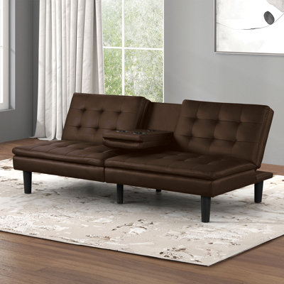 Leatherette Futon Sofa Bed With With Cupholder And USB