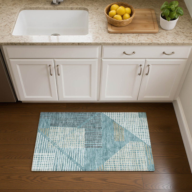 Premium Machine Washable Mayfield AMF2270 Striped Rug, 1'8" x 2'6", Teal