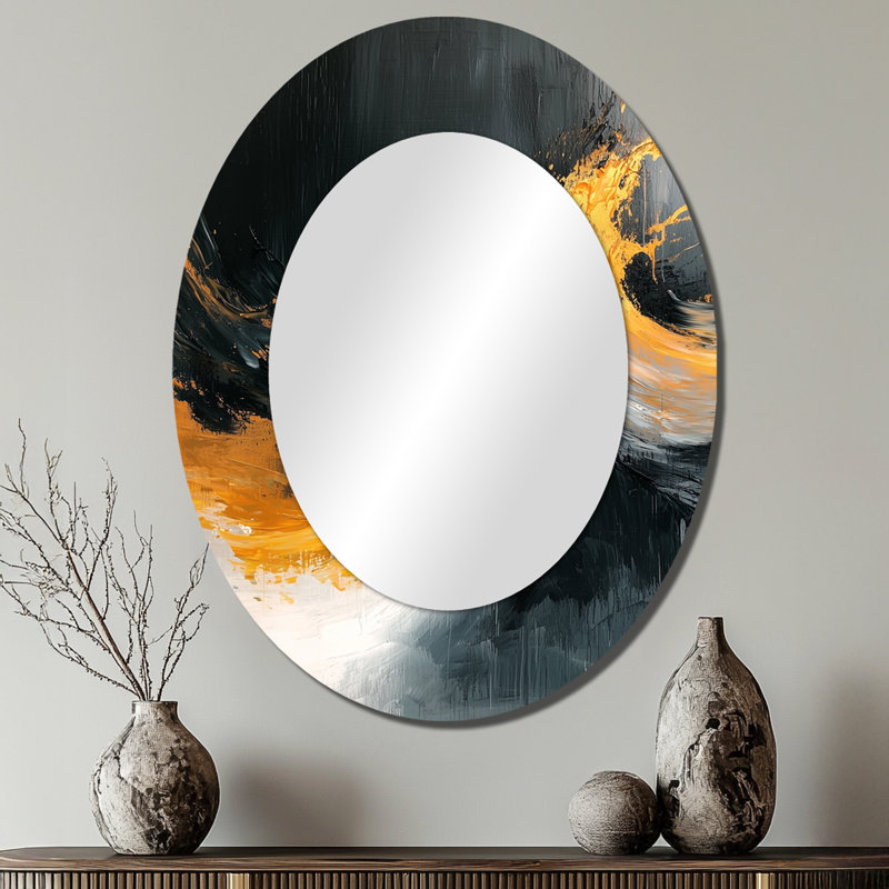 Doré et noir, aurores boréales I - Miroir décoratif ovale abstrait sur métal, 40 po x 30 po