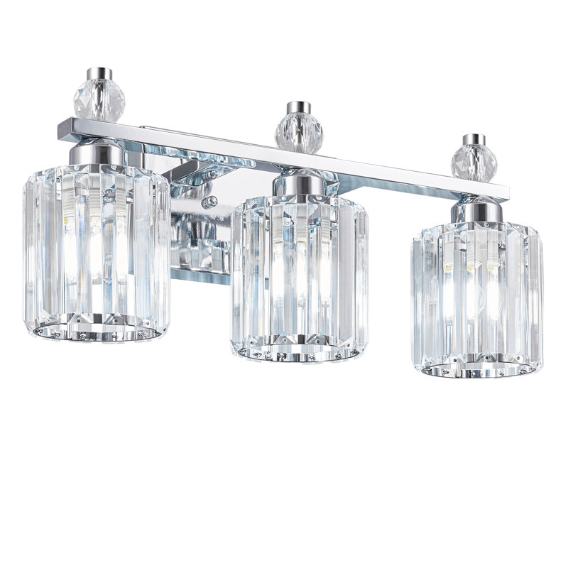 Dimmable Crystal Vanity Light With Cylindrical Shade, Chrome, 3 Lights