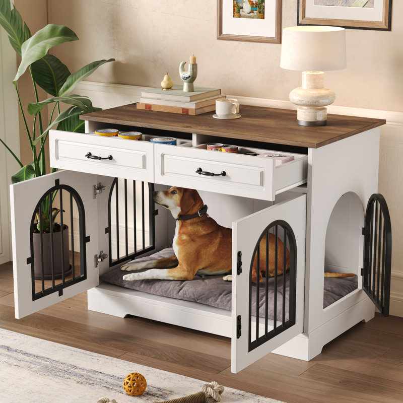 43.3'' Heavy Duty Dog Crate Furniture End Table with 2 Storage Drawers for Medium Large Dogs, 43.3