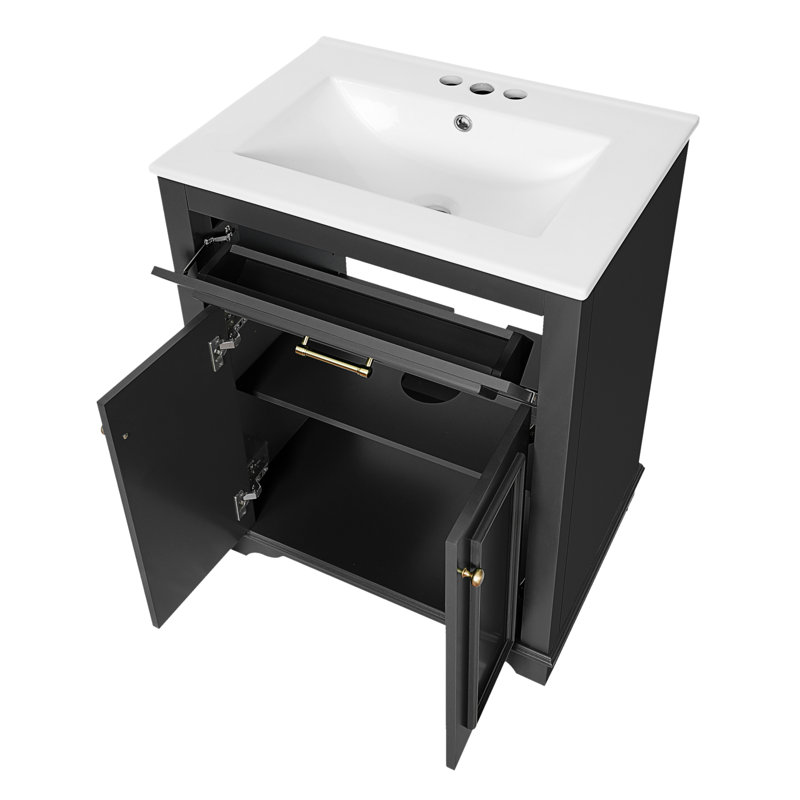 Meuble-lavabo 24 po avec lavabo en céramique intégré, armoire de salle de bain avec 2 portes, 1 tiroir basculant, meuble-lavabo simple pour petite et moyenne salle de bain, noir
