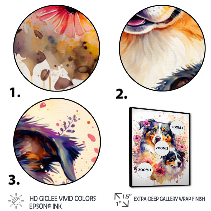 Mignon berger australien floral I - Peinture sur toile, H 40 po x l 30 po x P 1,5 po, Cadre flottant noir