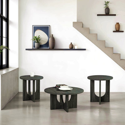 Contemporary Style 3pc Table Set 1x Round Coffee Table 2x Round End Table Cross Arch Base Grey Finish