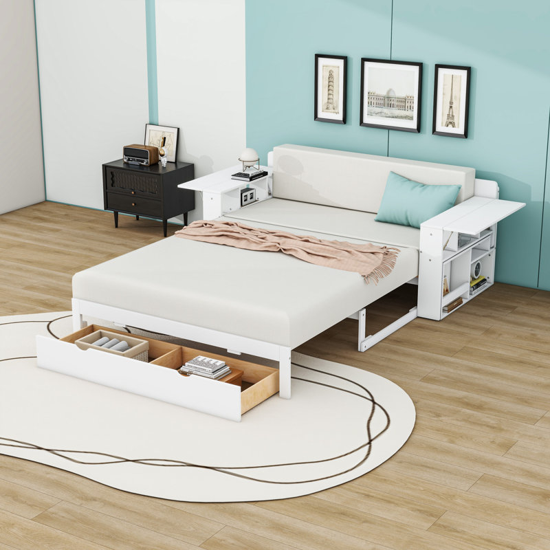 Convertible Wood Daybed with Built-in Desk, Drawers and Extendable Armrests, Full/Double, White