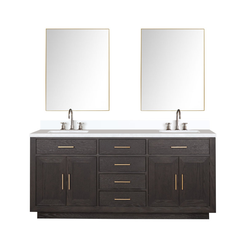 Ensemble de meuble-lavabo double 72 "avec miroir, Chêne brun, Marbre de culture blanc
