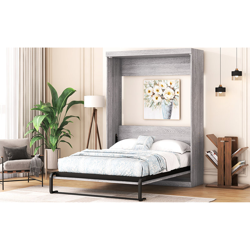 Lit double, pliable, gris, lit, conception peu encombrante, chambre d'amis, structure solide, petits espaces en bois, lattes de pin, confort