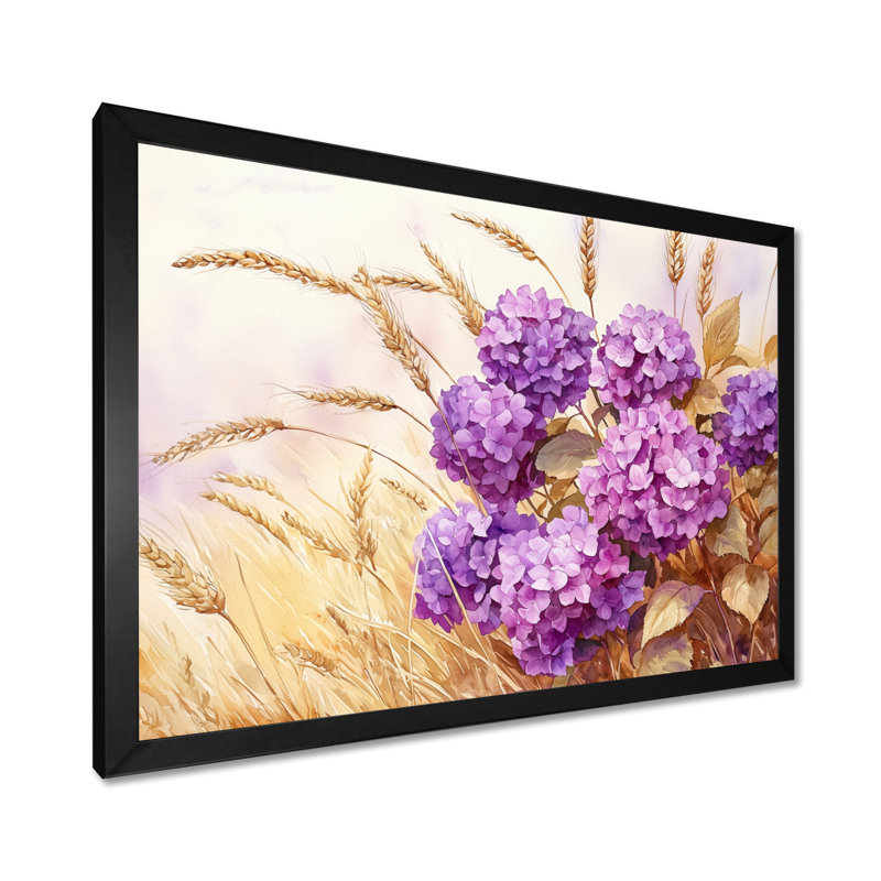 Hortensias dans la récolte de blé III - hydrangées, art mural, H 34 po x l 44 po, Impression de cadre photo, Noir