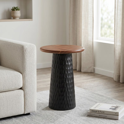 Hand-Carved Solid Wood Accent Round Top End Table