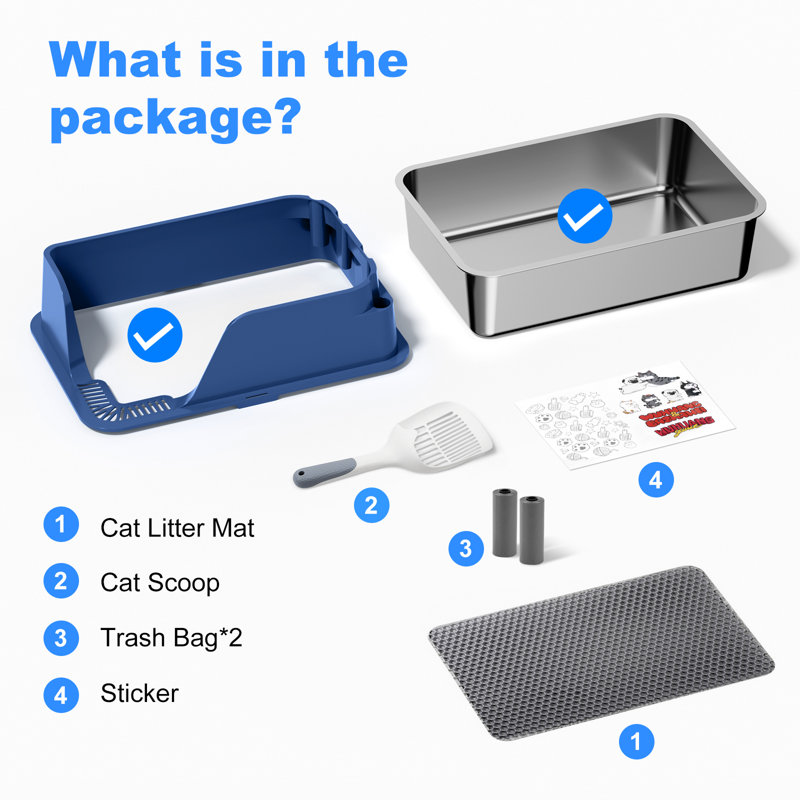 Extra Large Stainless Steel Leak-Proof Cat Litter Box with Lid, Scoop, Easy Cleaning, Blue , Blue