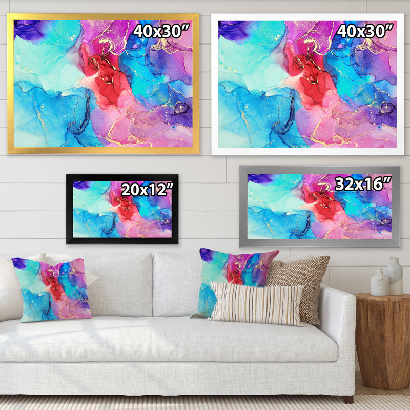 Turquoise luxueux, art abstrait fluide V - peinture sur toile, Cadre photo blanc, H 34 po x l 44 po x P 1,5 po