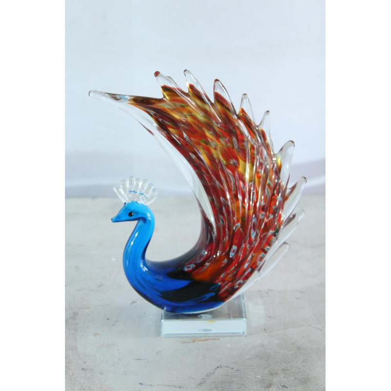 Figurine de paon en verre soufflé à la main sur base transparente NIFao 8 po x 3 po x H 10 po