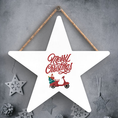 Xmas Merry Christmas Scooter Wooden Star Plaque