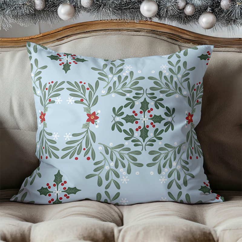 Coussin décoratif d'intérieur Winter Mistletoe, Carré 20 po, Argent / bleu
