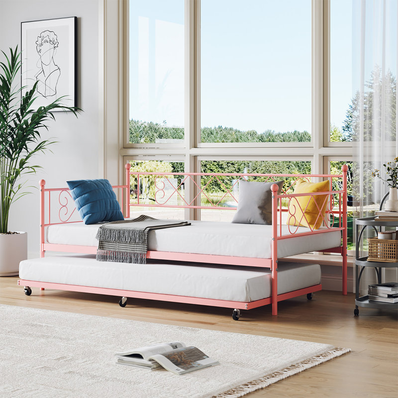 Lit de jour simple en métal avec lit gigogne en forme de cœur avec support pour lattes en acier robuste - structure de canapé-lit convertible pour le salon, la chambre à coucher, la chambre d'amis - Assemblage facile - rose, ensemble de taille simple