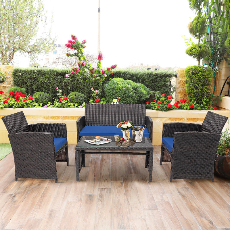 Glass Table Top and Wicker 4 - Person Patio Conversation Set with Cushions, Navy