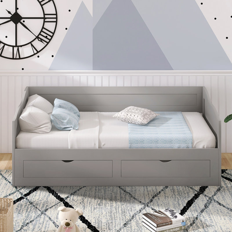 Wooden Daybed With Trundle Bed And Two Storage Drawers, Gray