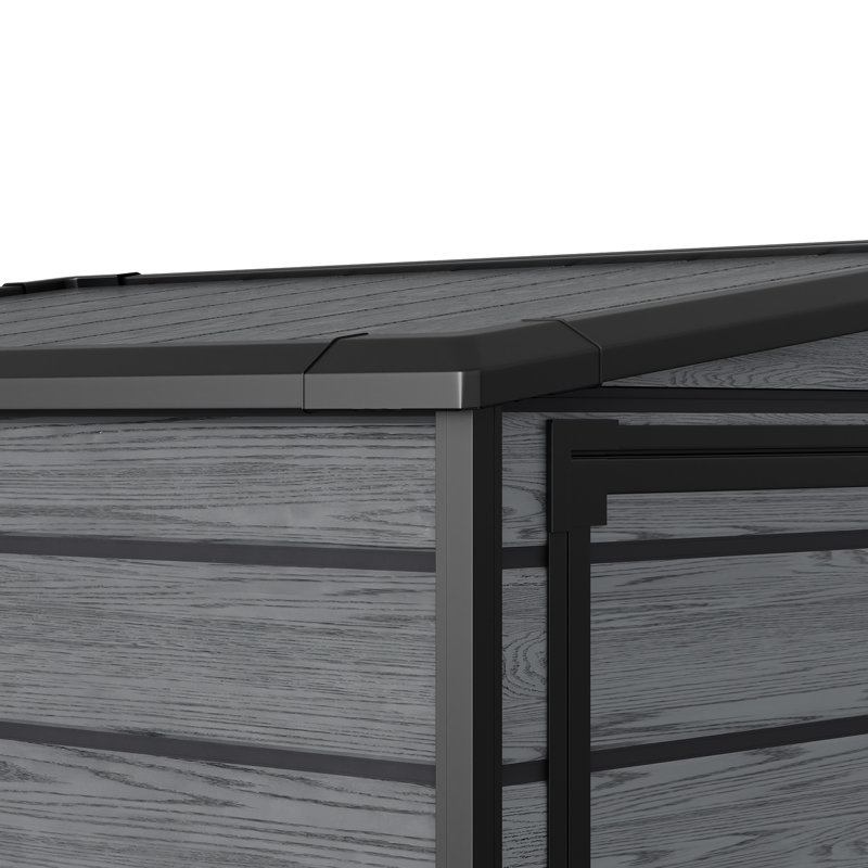 Dark grey wood grain plastic tool shed