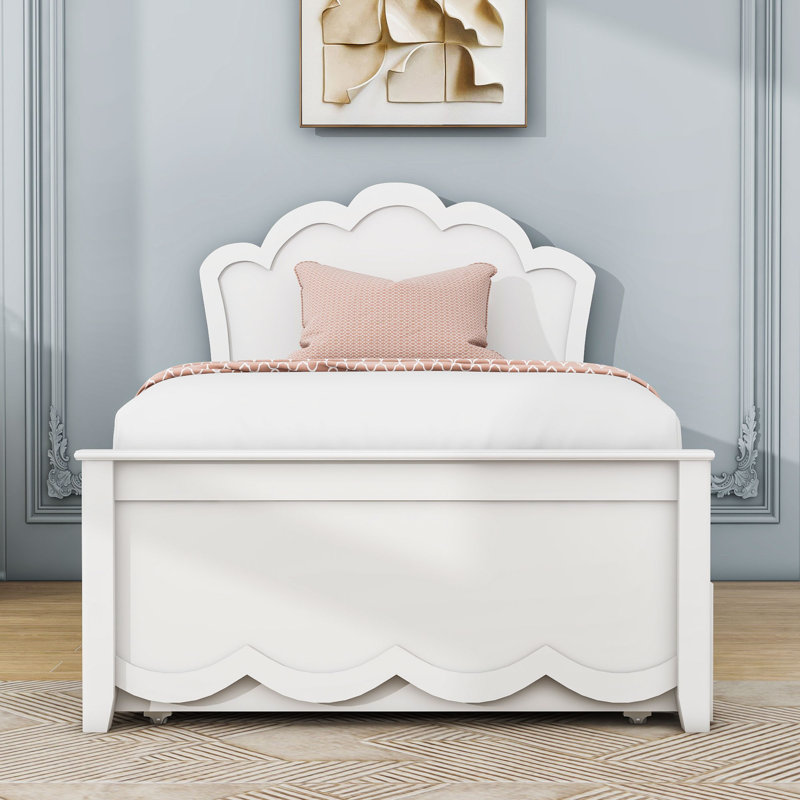 Wood Platform Bed with Headboard and Twin Trundle, Twin, White