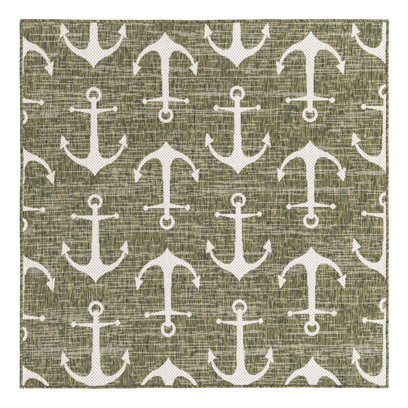 Tapis d'intérieur / extérieur en plastique tissé à la machine Glidden - vert / ivoire, Carré 5 pi 3 po