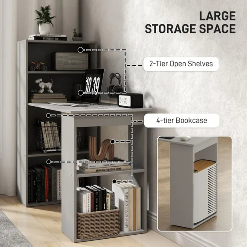 Bureau d'ordinateur gris compact avec tablettes de rangement à 6 niveaux