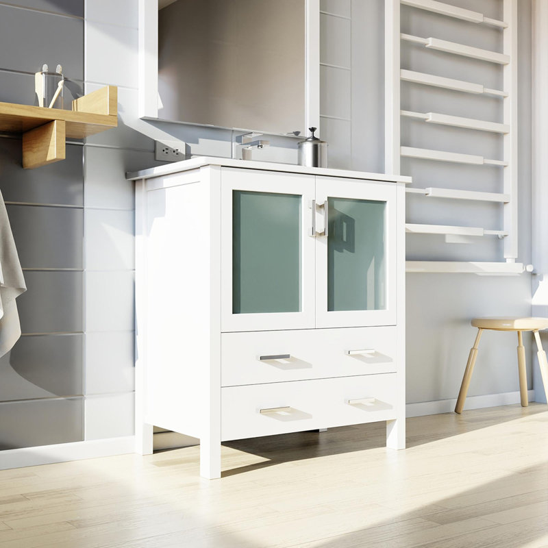 Meuble-lavabo avec comptoir en céramique blanche, Blanc