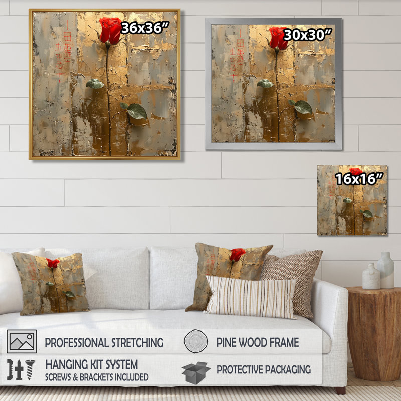 «Red Rose Vintage Silver Gold II» - art mural rose, H 30 po x l 30 po x P 1 po, Toile tendue
