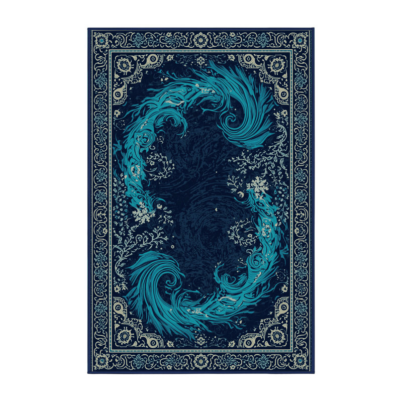 Machine Washable Chaplin Alien Ocean Planet Traditional Oriental Rug in Blue – Navy Binding, 6x9