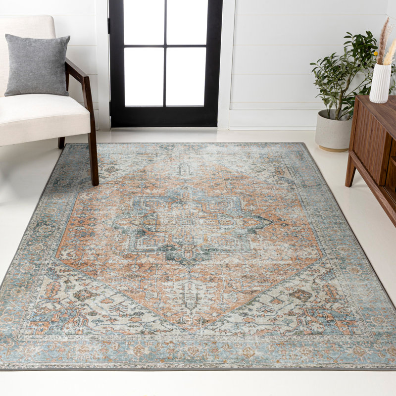 Heinfried Distressed Medallion Chenille Machine-Washable Terra/Blue Rug, Rectangle 3'11" x 6'