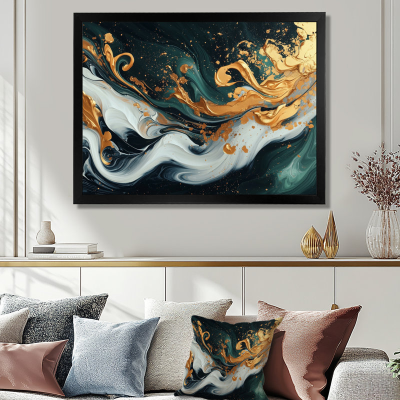 «Gold Green Temporal Fluidité III», art abstrait à l'encre liquide, H 30 po x l 40 po, Cadre de photo unique, Noir