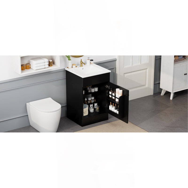 Meuble-lavabo de 20 po avec lavabo, meuble-lavabo avec tablette de porte et tablette réglable, noir, Noir, 20"
