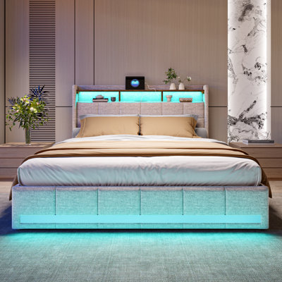 Upholstered Ottoman Storage Bed with 4 Large Storage Drawers and Charging Station