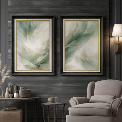 Sage Green Flowing Abstract Elegant Modern Composition – Set of 2 Premium Framed Wall Art Print on Paper 26"x36"