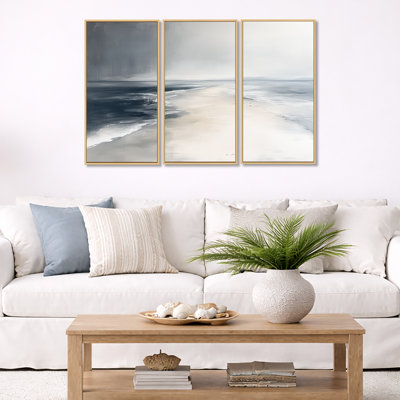 Calm Sea Decor, Ocean Canvas Wall Art - Calm Ocean Horizon Waves Beauty 3 Piece Framed Canvas Wall Art Set Traditional Coastal Decor