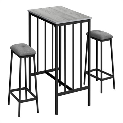 Ensemble de salle à manger, ensemble de 3 pièces, hauteur de comptoir, 36 po rectangulaire, petit, cuisine, stratifié gris, métal noir, contemporain