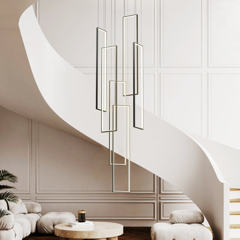 Keysha 6 - Light Unique Rectangle LED Dimmable Pendant Long Staircase Chandelier, Matte Black