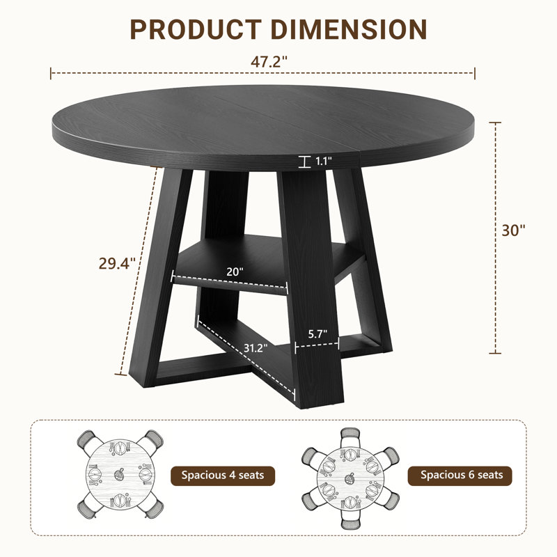 47 Inch Round Wood Dining Table for 4-6, Farmhouse Kitchen Table With Cross Pedestal & Storage Shelf for Kitchen and Dining Room- Black