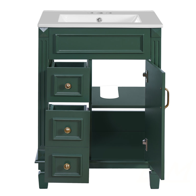 Meuble-lavabo de 24 pouces avec lavabo en céramique, conception compacte pour petits espaces, armoire moderne avec 2 tiroirs et tablette réglable, meubles-lavabos