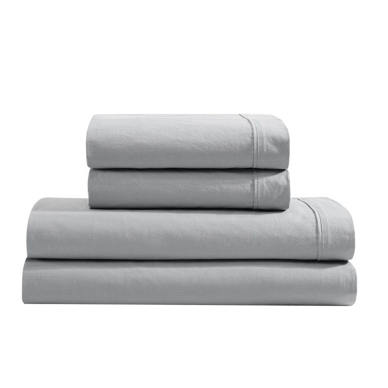 Calvin Klein Washed Cotton Percale Sheet Set, Queen Sheet Set with 2 Pillowcases, Blue Gray