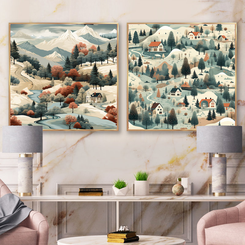 Gurmit - Ensemble de 2 collage paysage carré, H 16 po x l 33 po, Cadre flottant doré