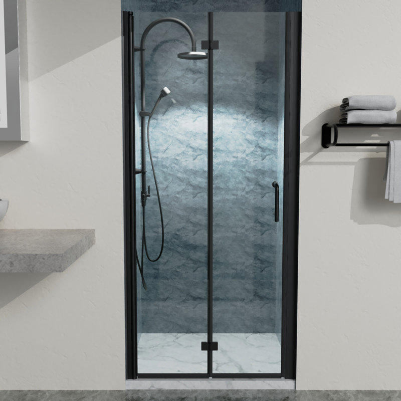 Matte Black Bi-Fold Semi-Frameless Shower Doors With Clear Glass, 34-35.375 In. W X 72 In. H | Gift Idea